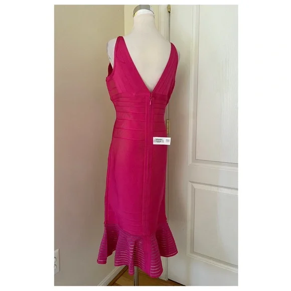 Herve Leger Pink Ruffled Bodycon Midi Dress - Picture 8 of 11